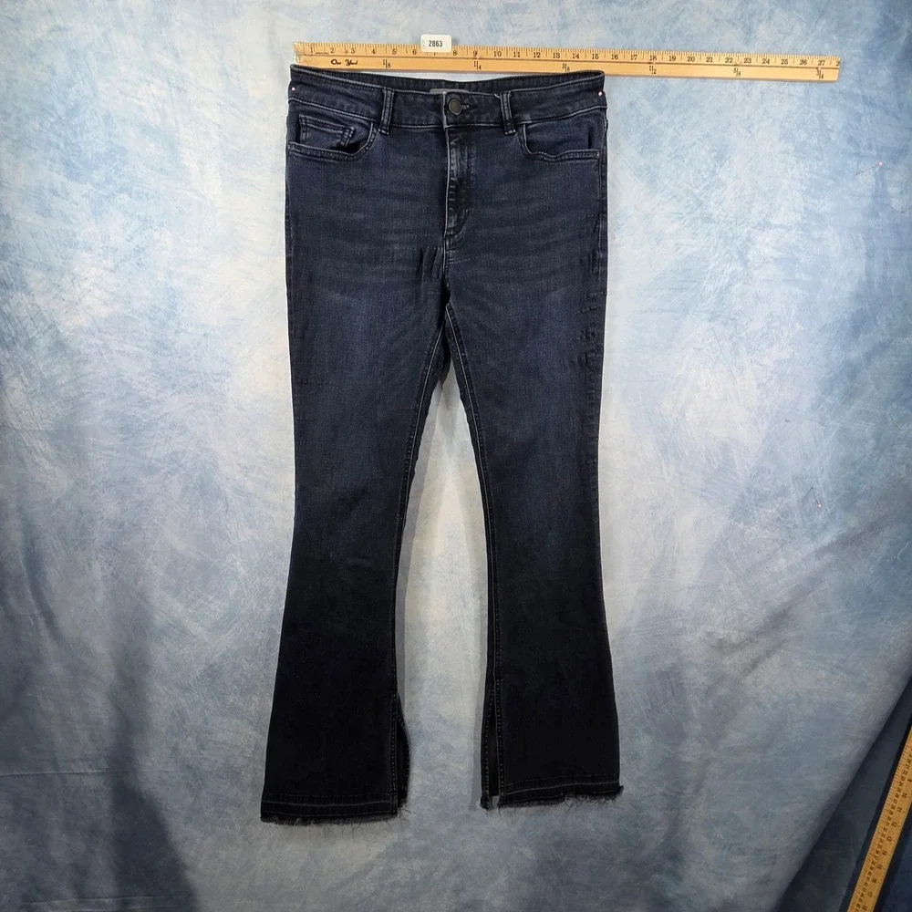 DL1961 Dark Wash High Rise Flare Jeans with Side Slit Raw Hem Size 30